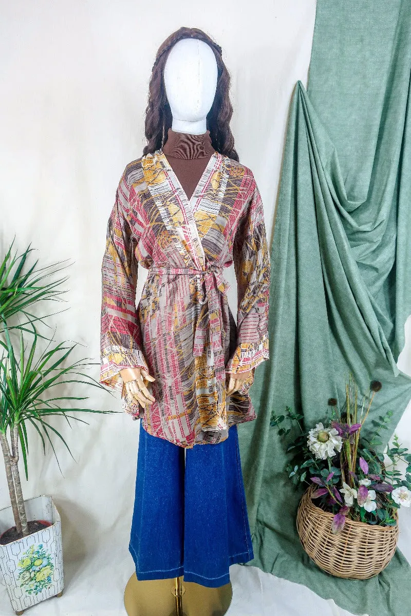 Karina Kimono Jacket - Vintage Sari - Earthy Mauve Abstract - Free Size S