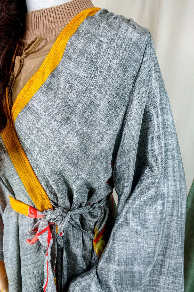 Karina Kimono Jacket - Vintage Sari - Grey Smoke Abstract - Free Size M/L