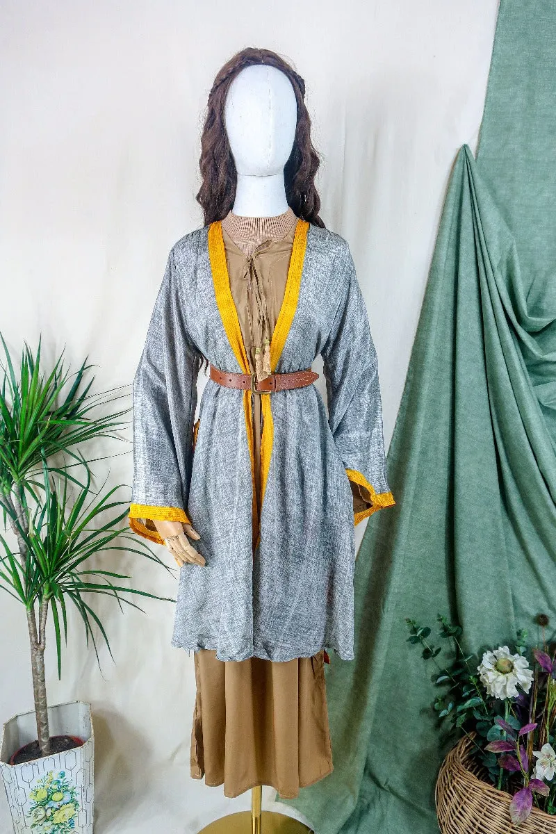 Karina Kimono Jacket - Vintage Sari - Grey Smoke Abstract - Free Size M/L