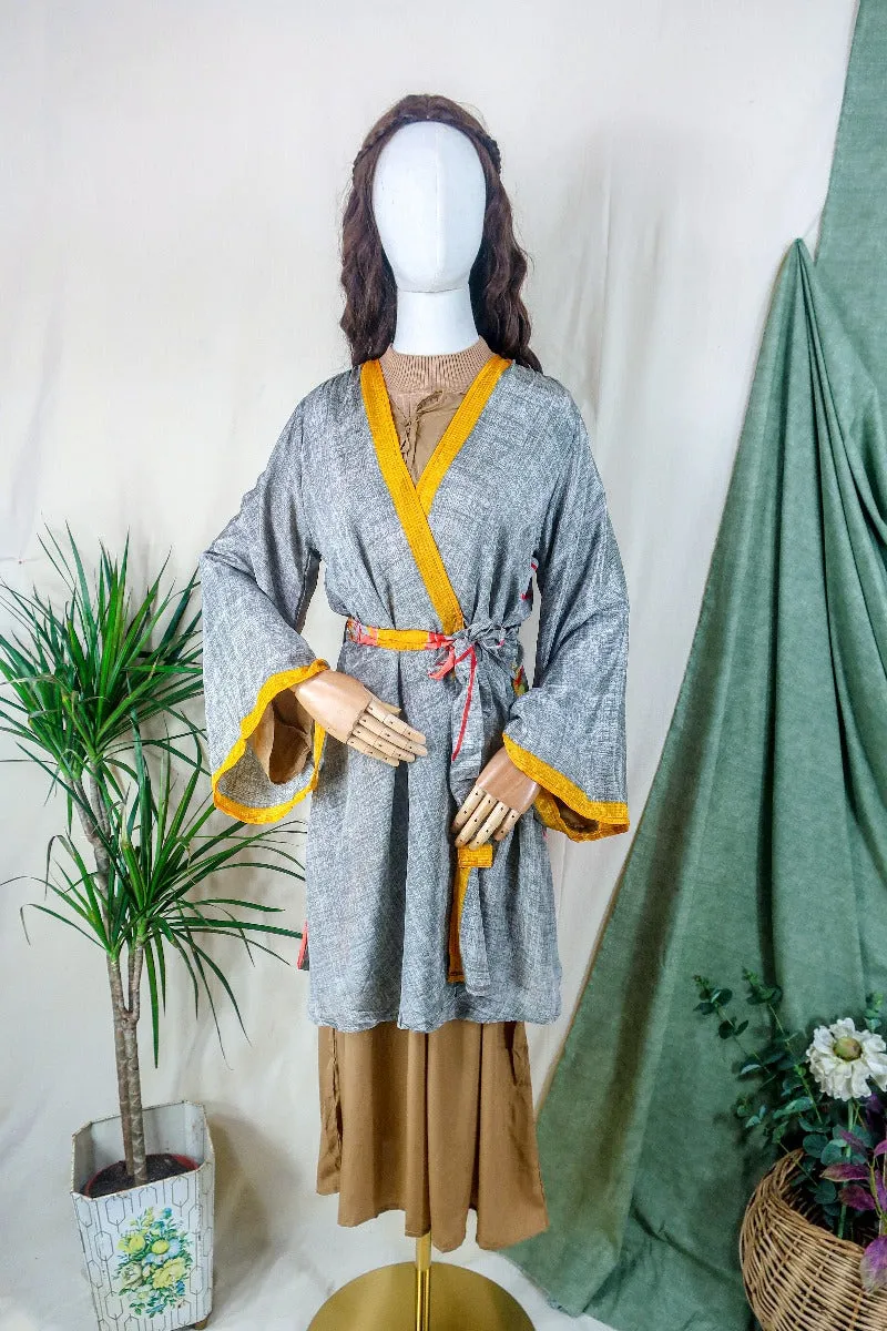 Karina Kimono Jacket - Vintage Sari - Grey Smoke Abstract - Free Size M/L