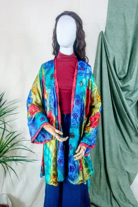 Karina Kimono Jacket - Vintage Sari - Vivid Kaleidoscope Floral - Free Size S/M