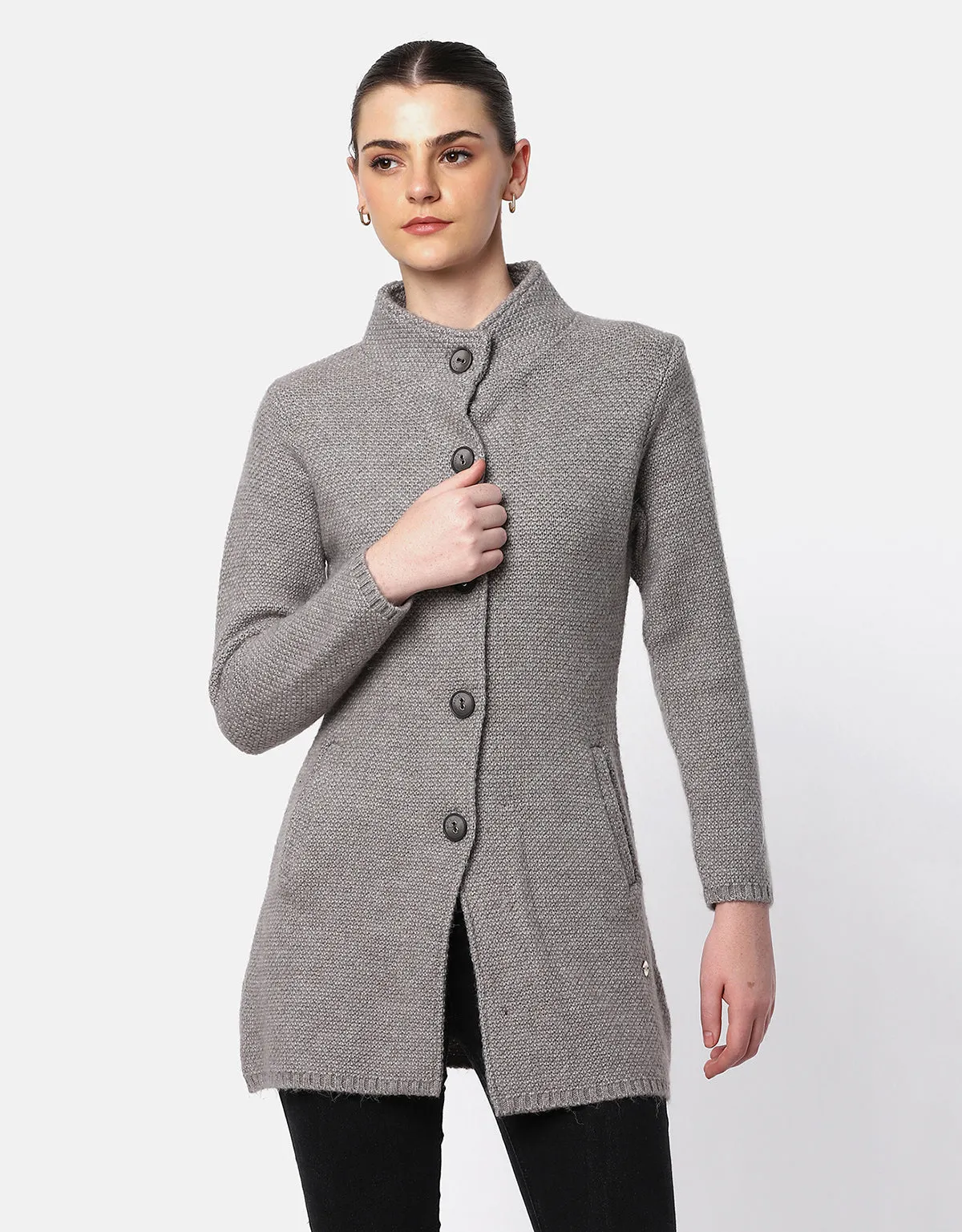 Knitted Ban Neck Long Coat with Fancy bottons