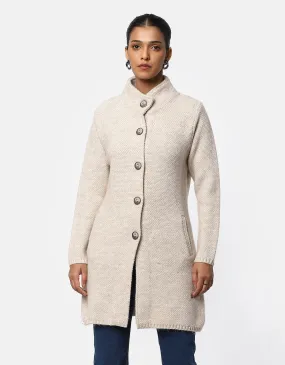 Knitted Ban Neck Long Coat with Fancy bottons