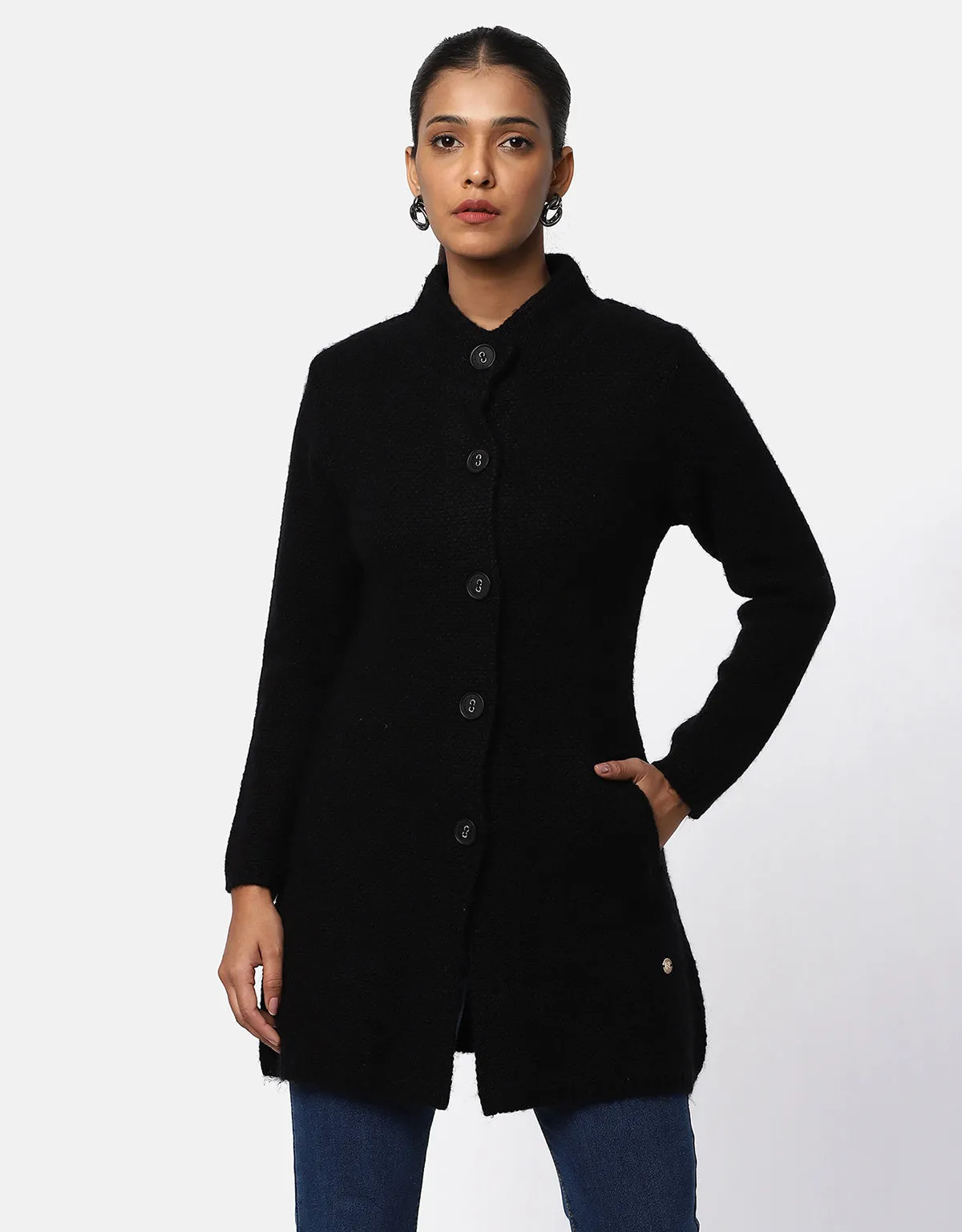 Knitted Ban Neck Long Coat with Fancy bottons