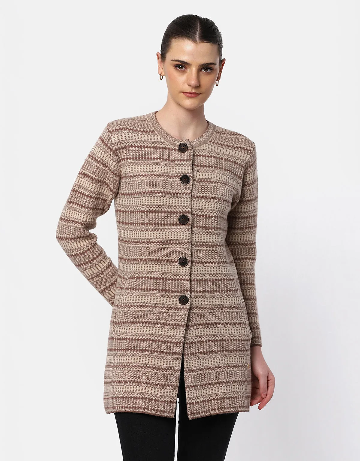 Knitted Round Neck Long Coat With Front Buttons