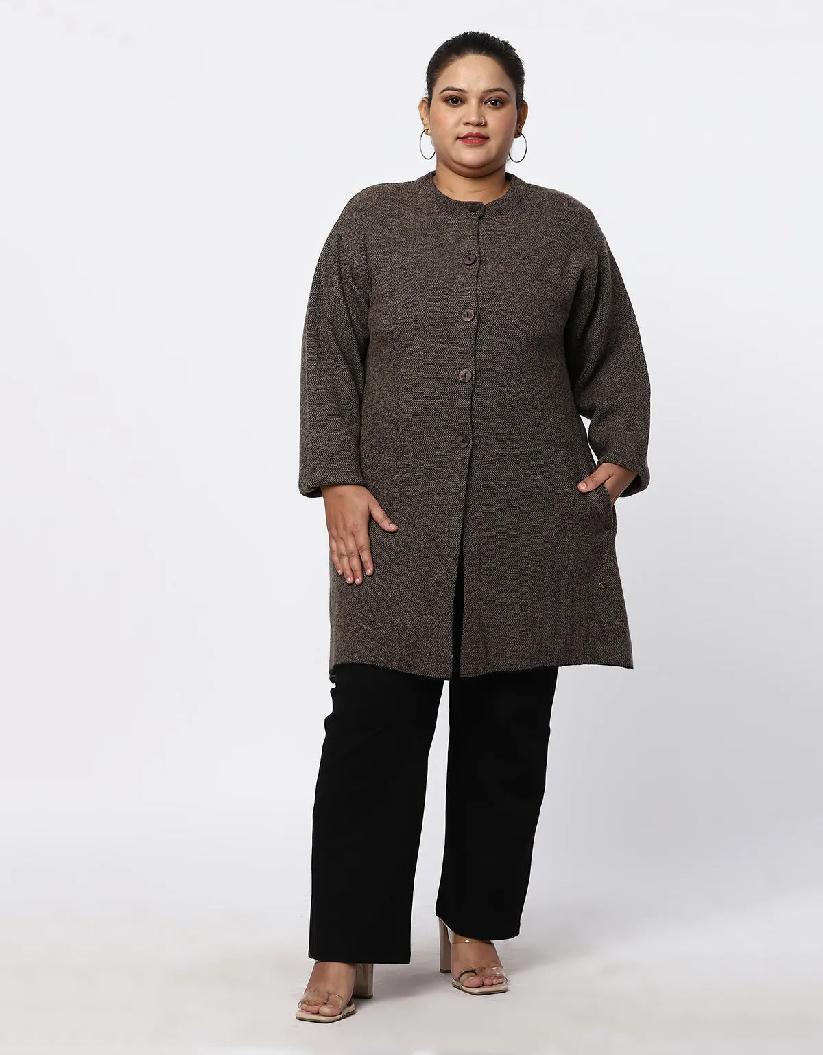 Knitted Round Neck Plus Size Long Coat