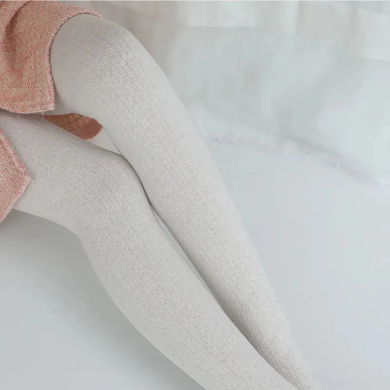 Knitted Twist Tights Women Oatmeal Cotton Striped Tights Pantyhose