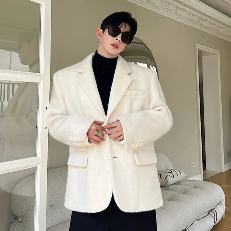 Korean Chic Men's Woolen Suit Jacket Fashion Lapel Single Breasted Male Blazer Spring Casual Men Clothing White 9C2886