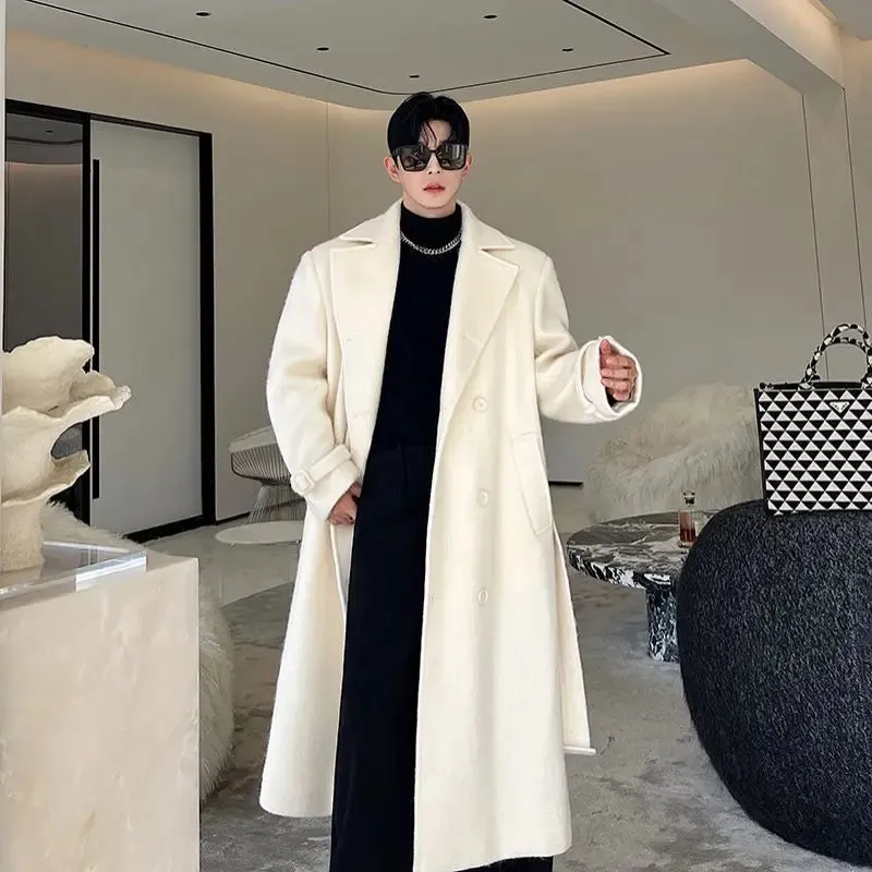 Korean Men Woolen Coat Casual Lapel Double Breasted Long Trench Solid Color Male Overcoat Belt Autumn Trend 9C2884