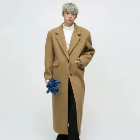 Korean Style Men Woolen Coat New Winter Solid Color Simple Knee Length Outerwear Shoulder Padded Design Male Top 9C3549