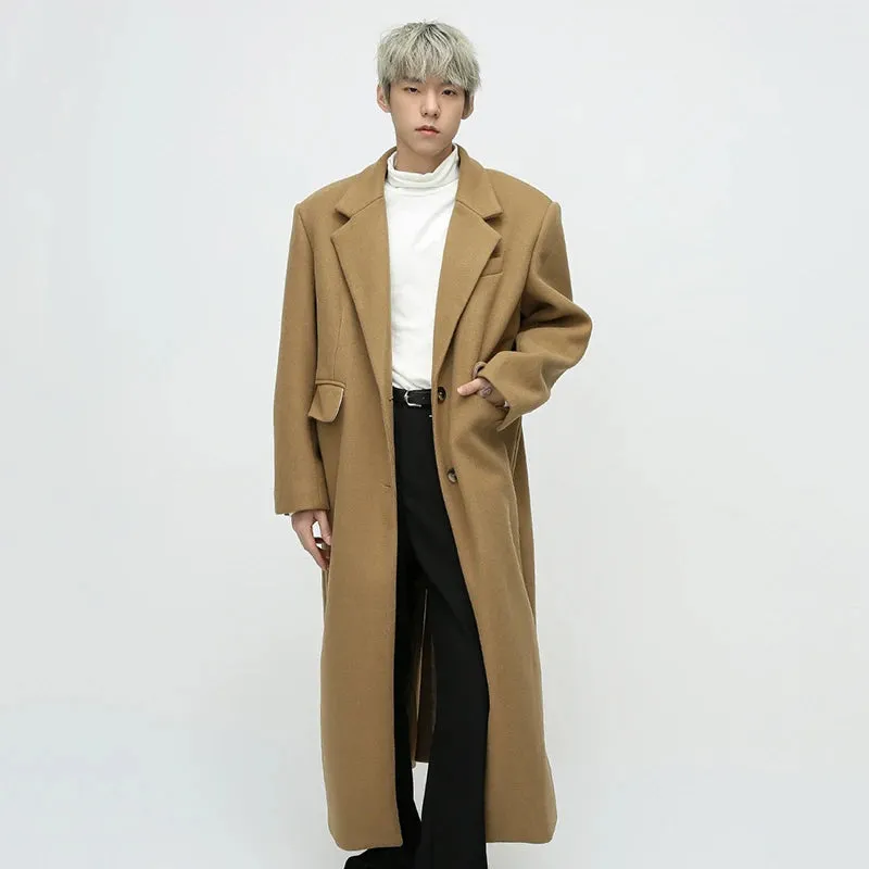 Korean Style Men Woolen Coat New Winter Solid Color Simple Knee Length Outerwear Shoulder Padded Design Male Top 9C3549