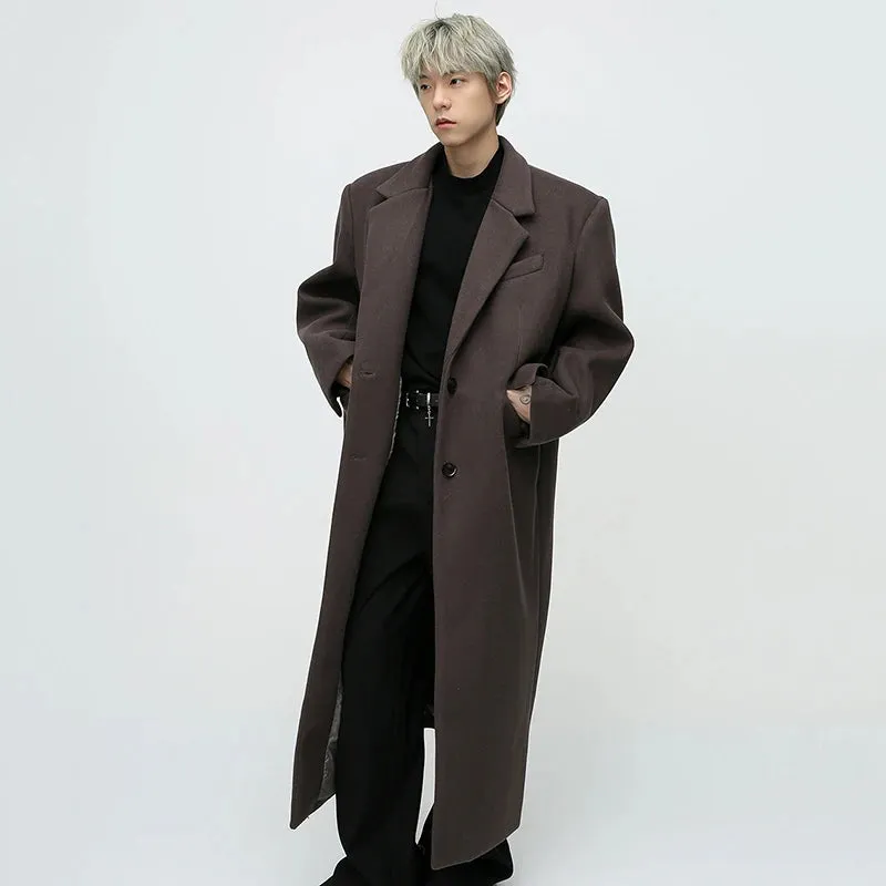 Korean Style Men Woolen Coat New Winter Solid Color Simple Knee Length Outerwear Shoulder Padded Design Male Top 9C3549