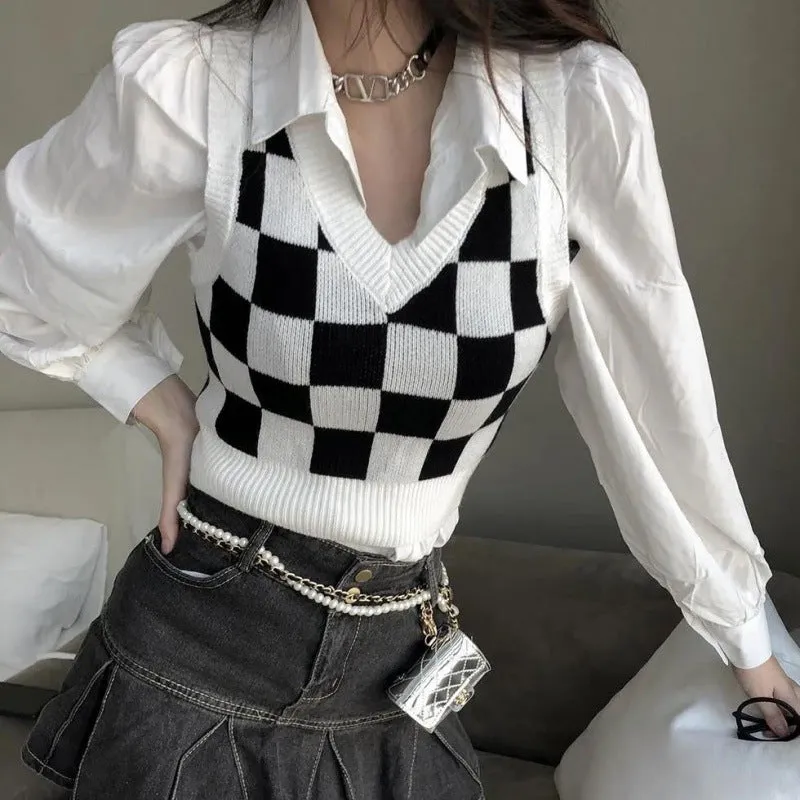 Lanfubeisi dti outfits Spring New Retro Black and White Chessboard Plaid Knitted Vest V-neck Slimming Short Inner Wear