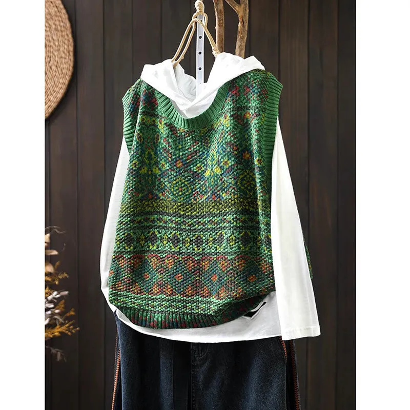 Lanfubeisi fall outfits women Retro Printed Cotton Knitted Vest for Women Loose Slimming Spring and Autumn New Artistic Casual round Neck Sleeveless Pullover Vest