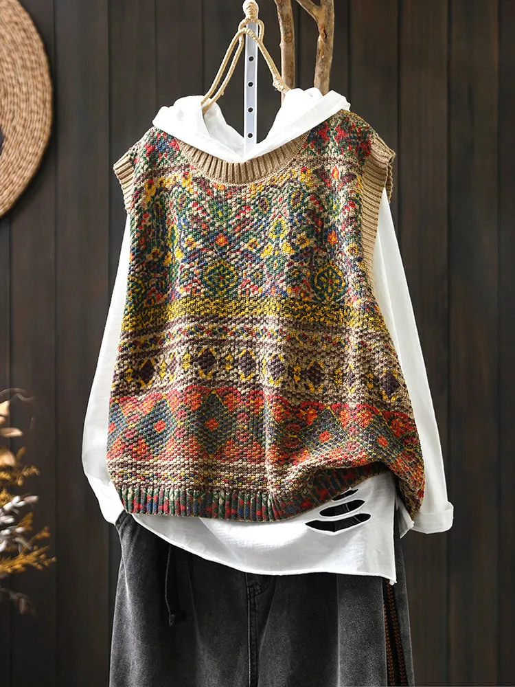 Lanfubeisi fall outfits women Retro Printed Cotton Knitted Vest for Women Loose Slimming Spring and Autumn New Artistic Casual round Neck Sleeveless Pullover Vest