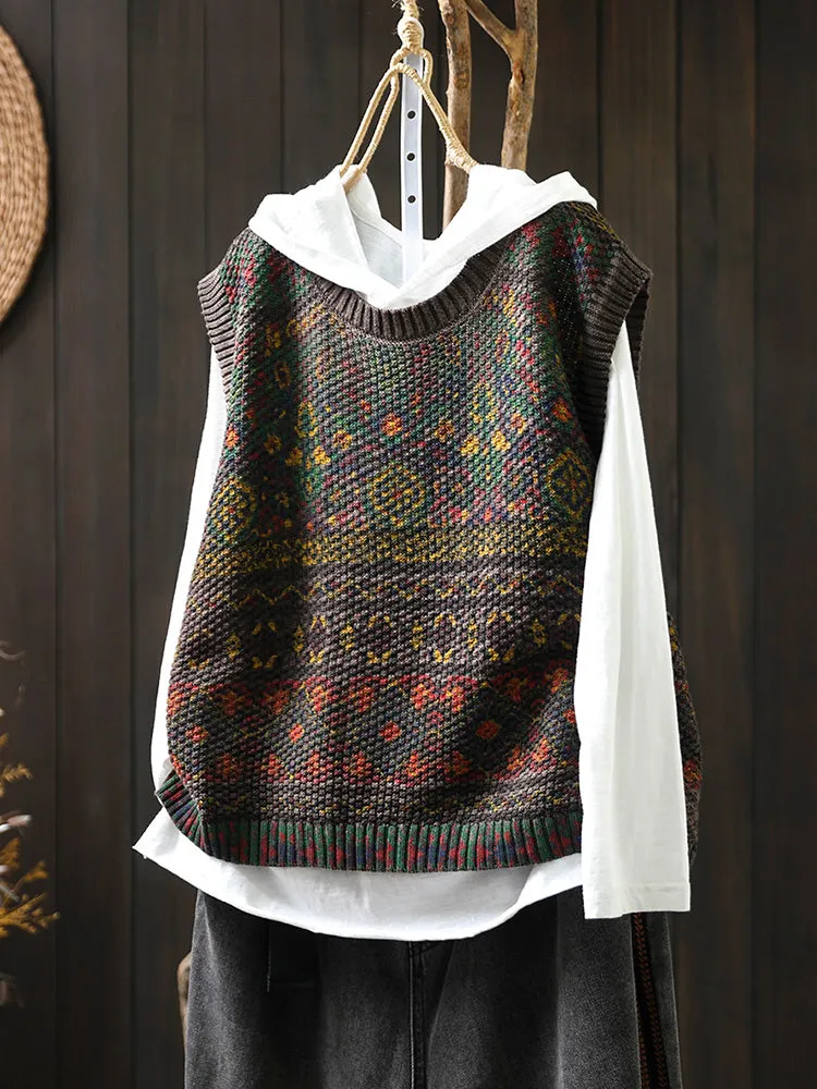 Lanfubeisi fall outfits women Retro Printed Cotton Knitted Vest for Women Loose Slimming Spring and Autumn New Artistic Casual round Neck Sleeveless Pullover Vest