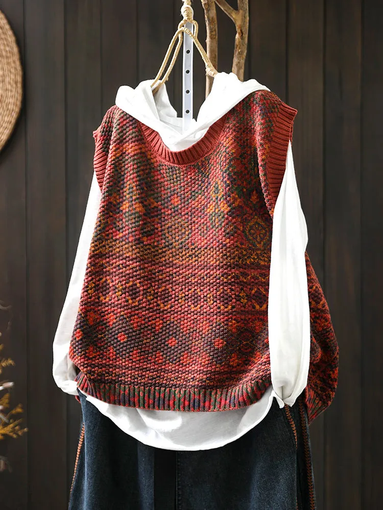 Lanfubeisi fall outfits women Retro Printed Cotton Knitted Vest for Women Loose Slimming Spring and Autumn New Artistic Casual round Neck Sleeveless Pullover Vest