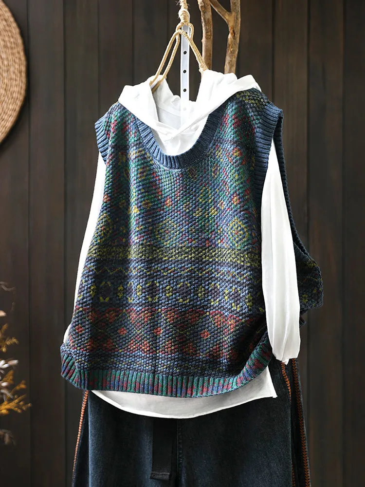 Lanfubeisi fall outfits women Retro Printed Cotton Knitted Vest for Women Loose Slimming Spring and Autumn New Artistic Casual round Neck Sleeveless Pullover Vest