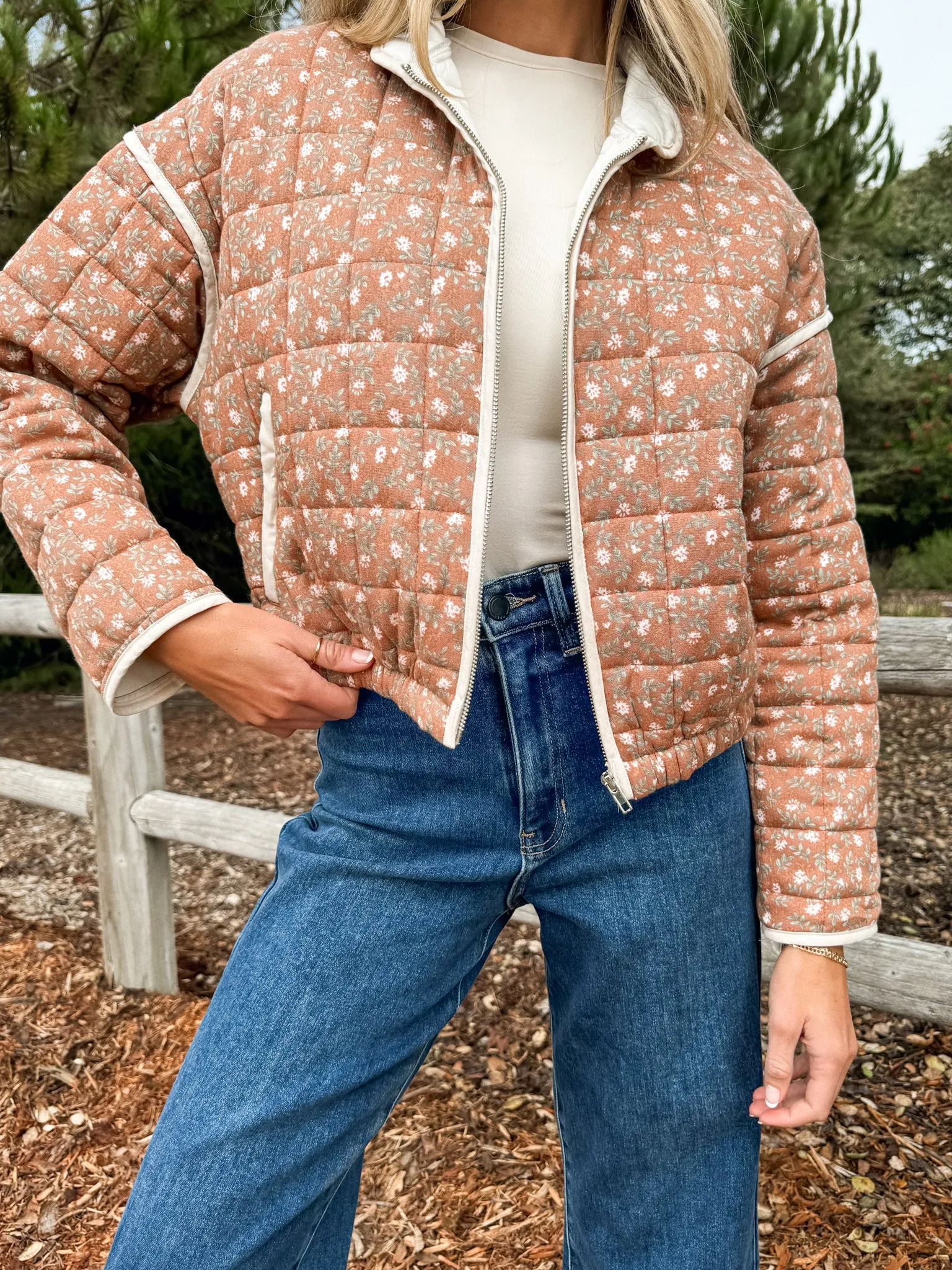 Late Nights Floral Quilted Jacket in Rust