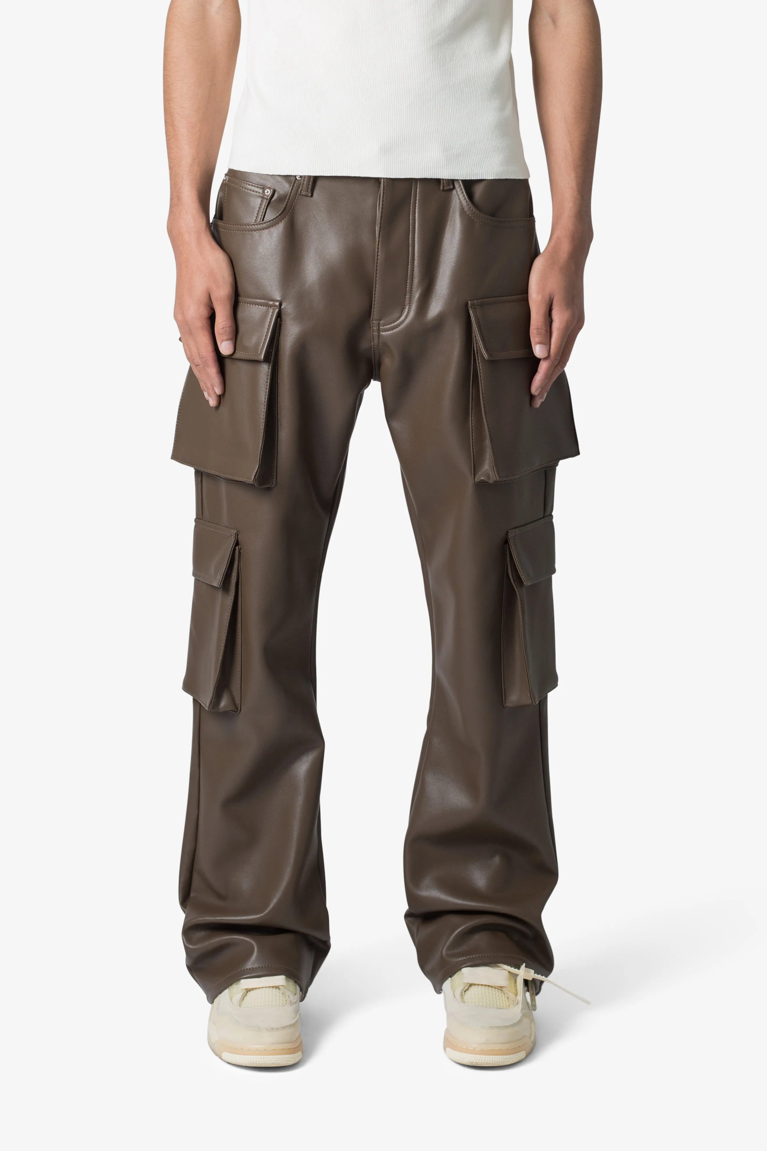 Leather Double Snap Cargo Pants - Chocolate