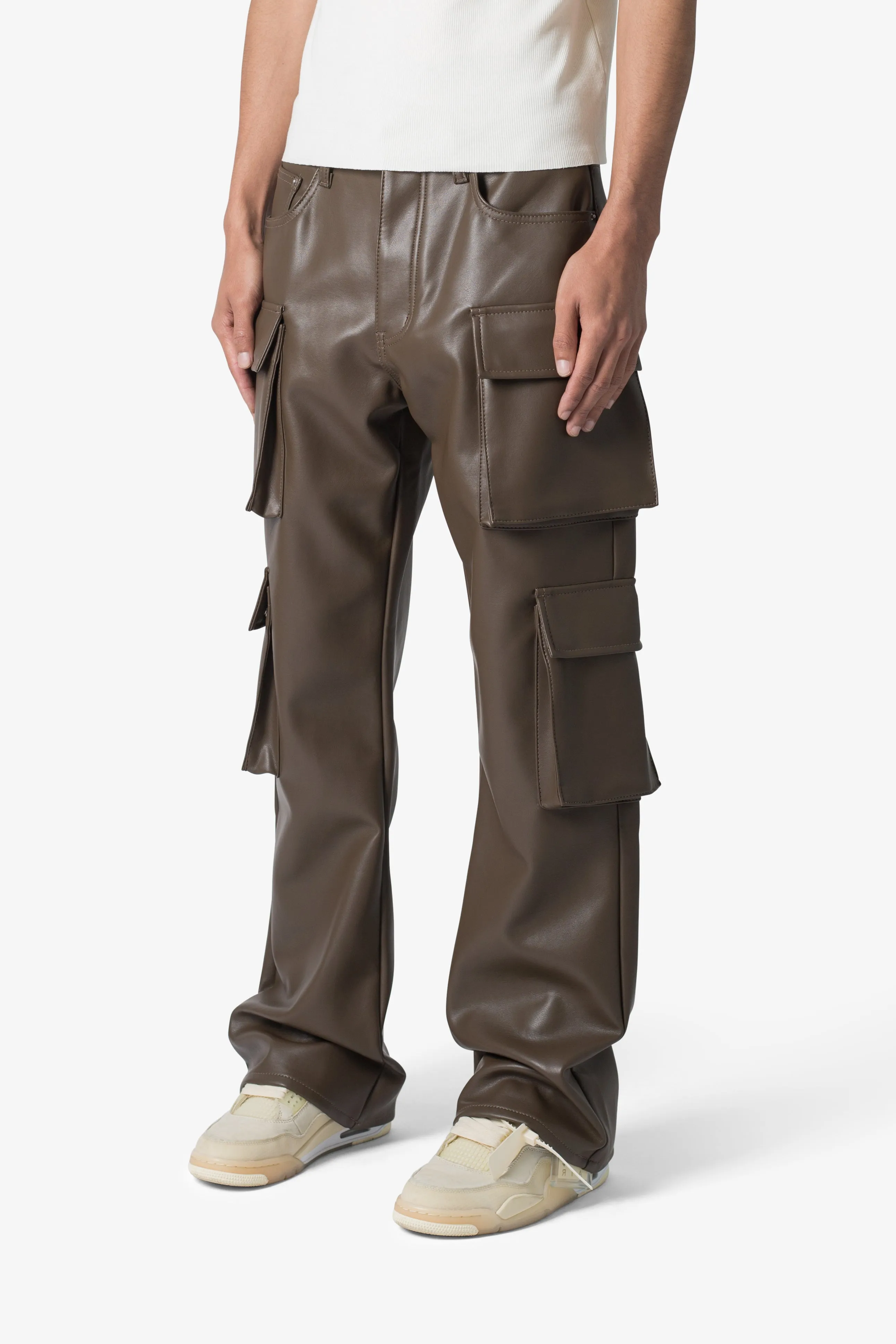 Leather Double Snap Cargo Pants - Chocolate