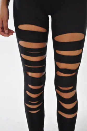 Leggings Slashed Black Laser Sexy Stretch Size Cut