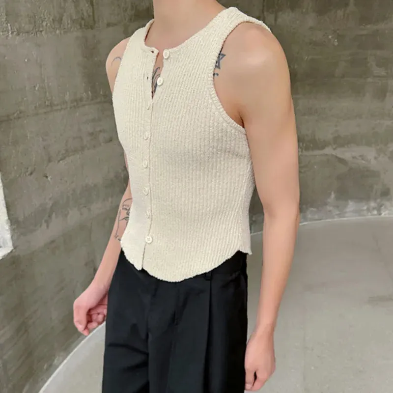 Male Tank Top 2024 Summer New Slim Fit Elastic Knitted Retro Chic Solid Color Single Breasted Sleeveless Sezy Vest 9C5785