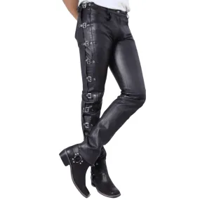 Mens Black Side Buckles Bondage Leather Pants