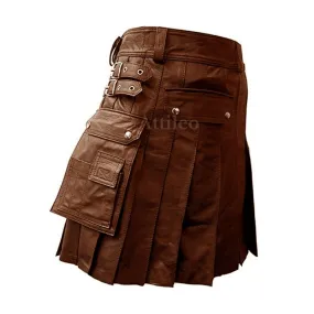 Mens Brown Leather Utility Kilt with Cargo Pockets