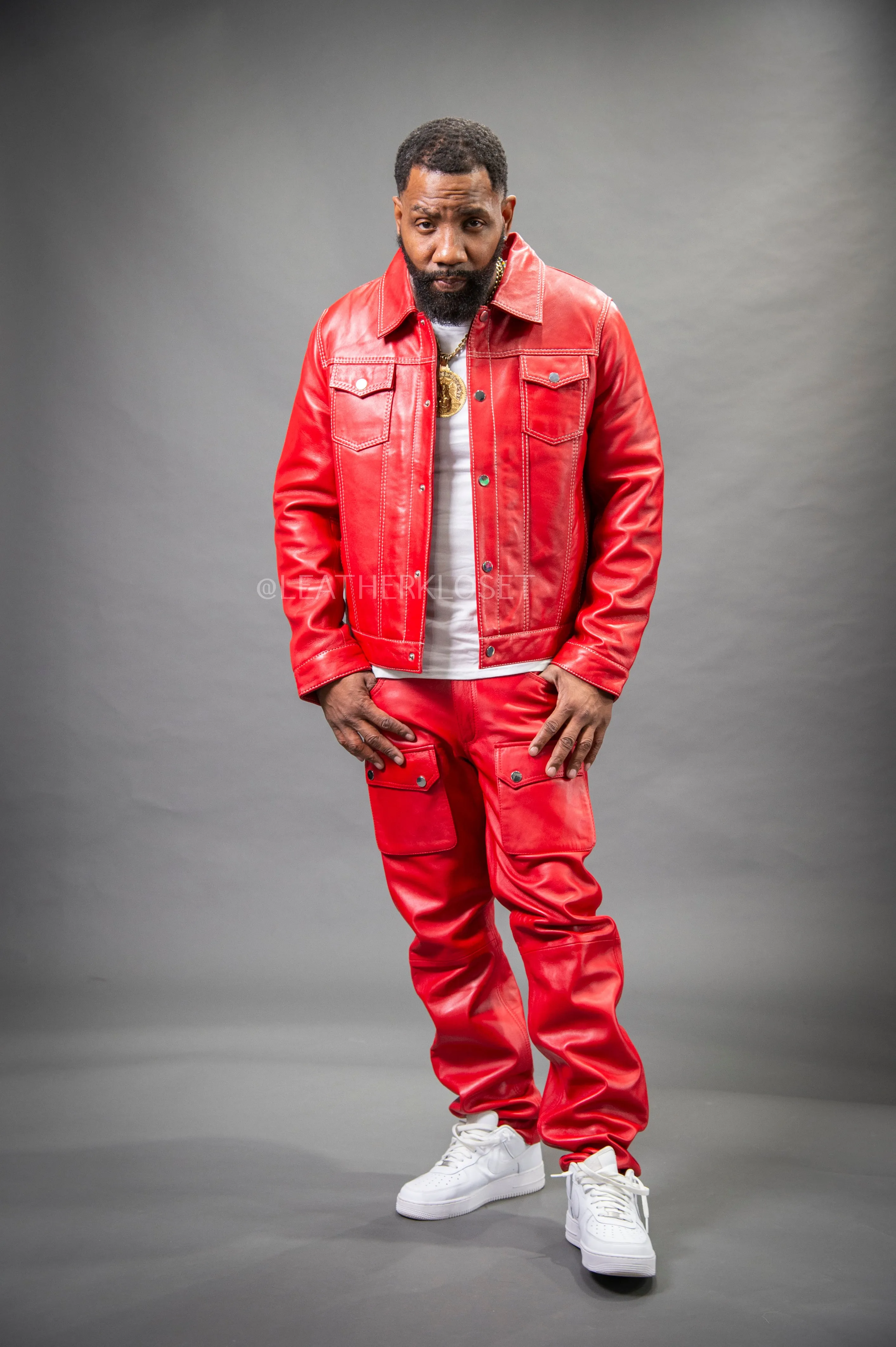 Men's Dylan Leather Jean Jacket And Cargo Pants Set [Red]