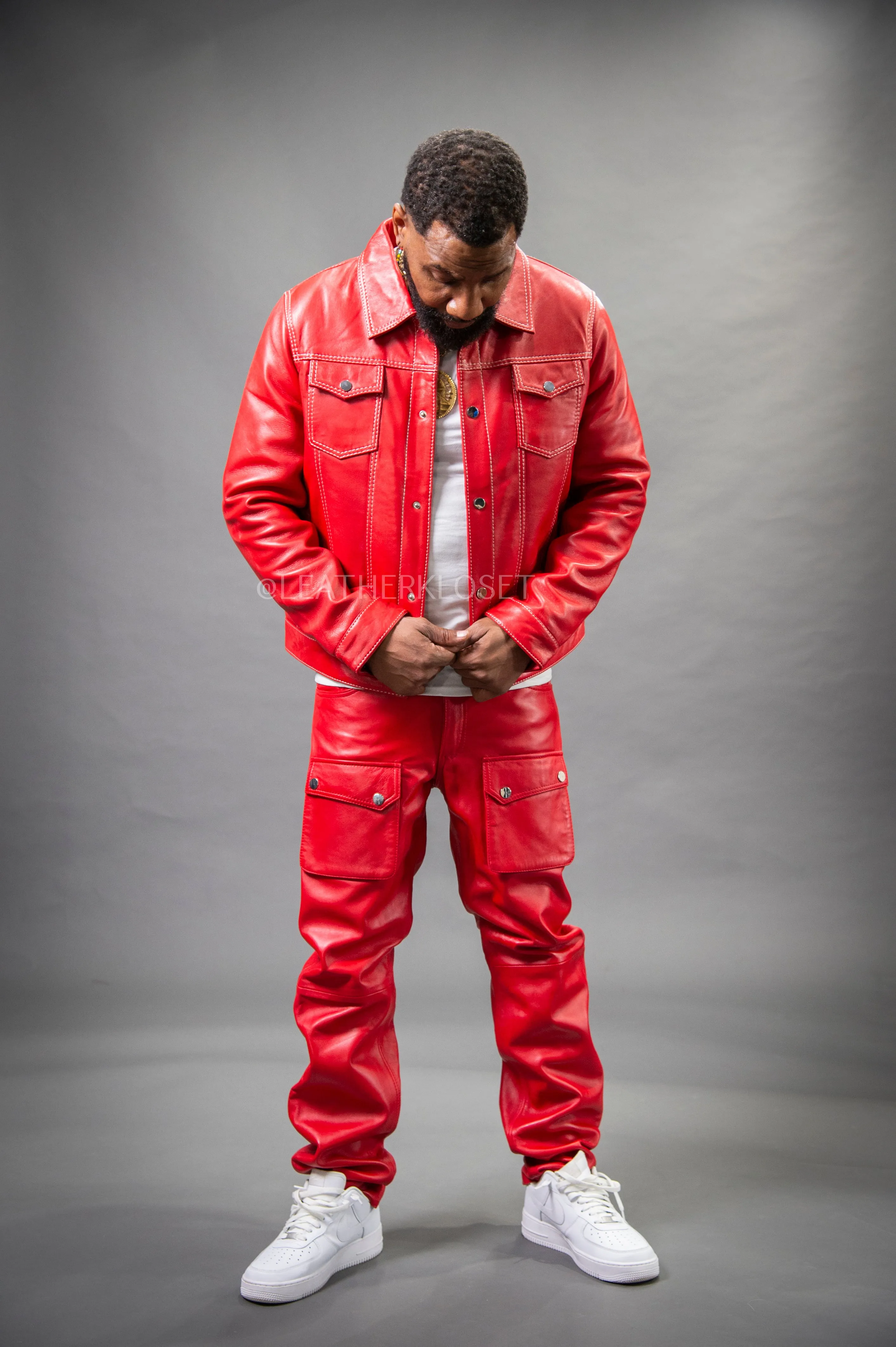 Men's Dylan Leather Jean Jacket And Cargo Pants Set [Red]