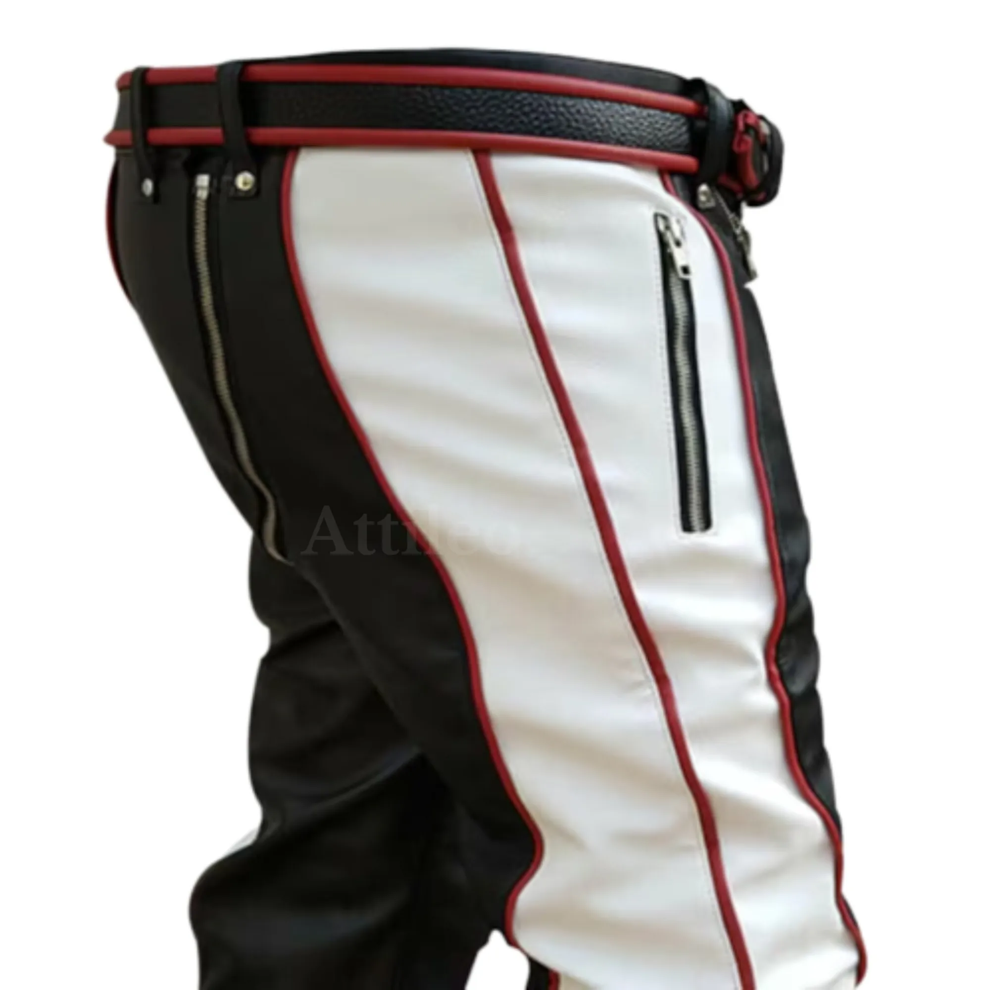 Mens Red Black and White Leather Pants