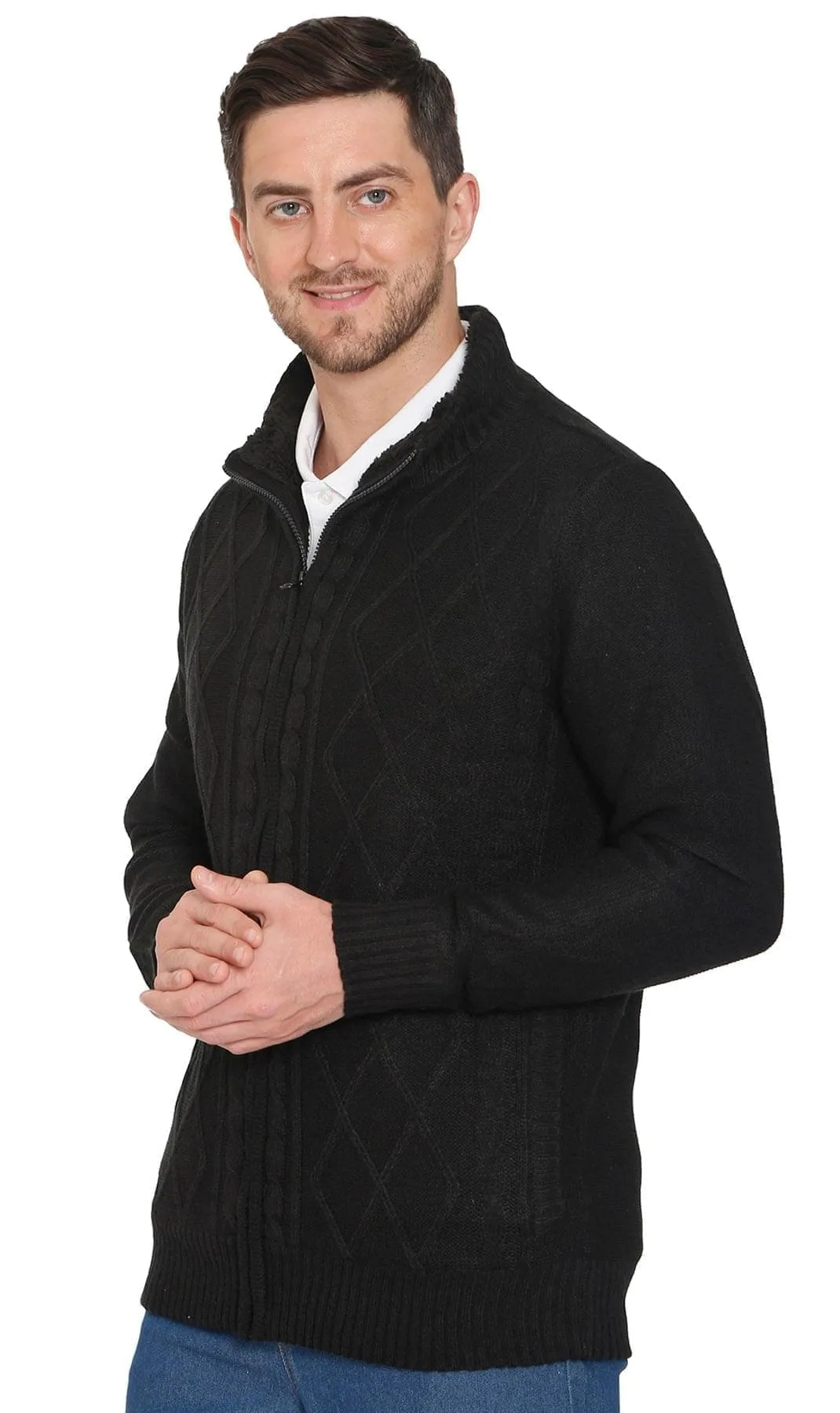 Mens Sherpa Lined Zip Front Sweater Jacket