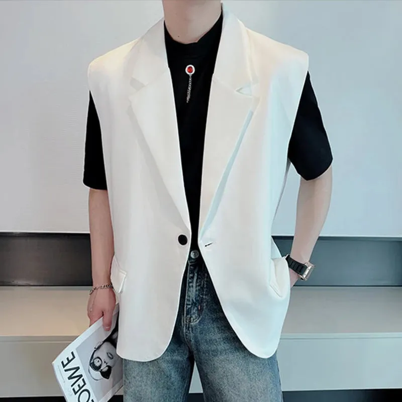 Men's Suit Vest Personality Turn-down Collar Pockets Solid Color Baggy Male Sleeveless Jackets Spring Fashion 9C4847