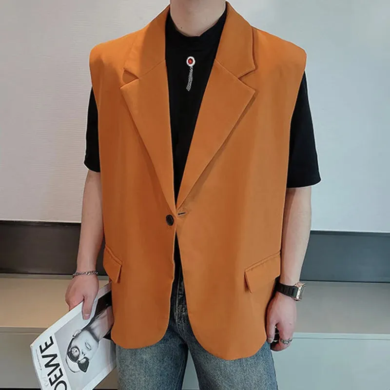 Men's Suit Vest Personality Turn-down Collar Pockets Solid Color Baggy Male Sleeveless Jackets Spring Fashion 9C4847