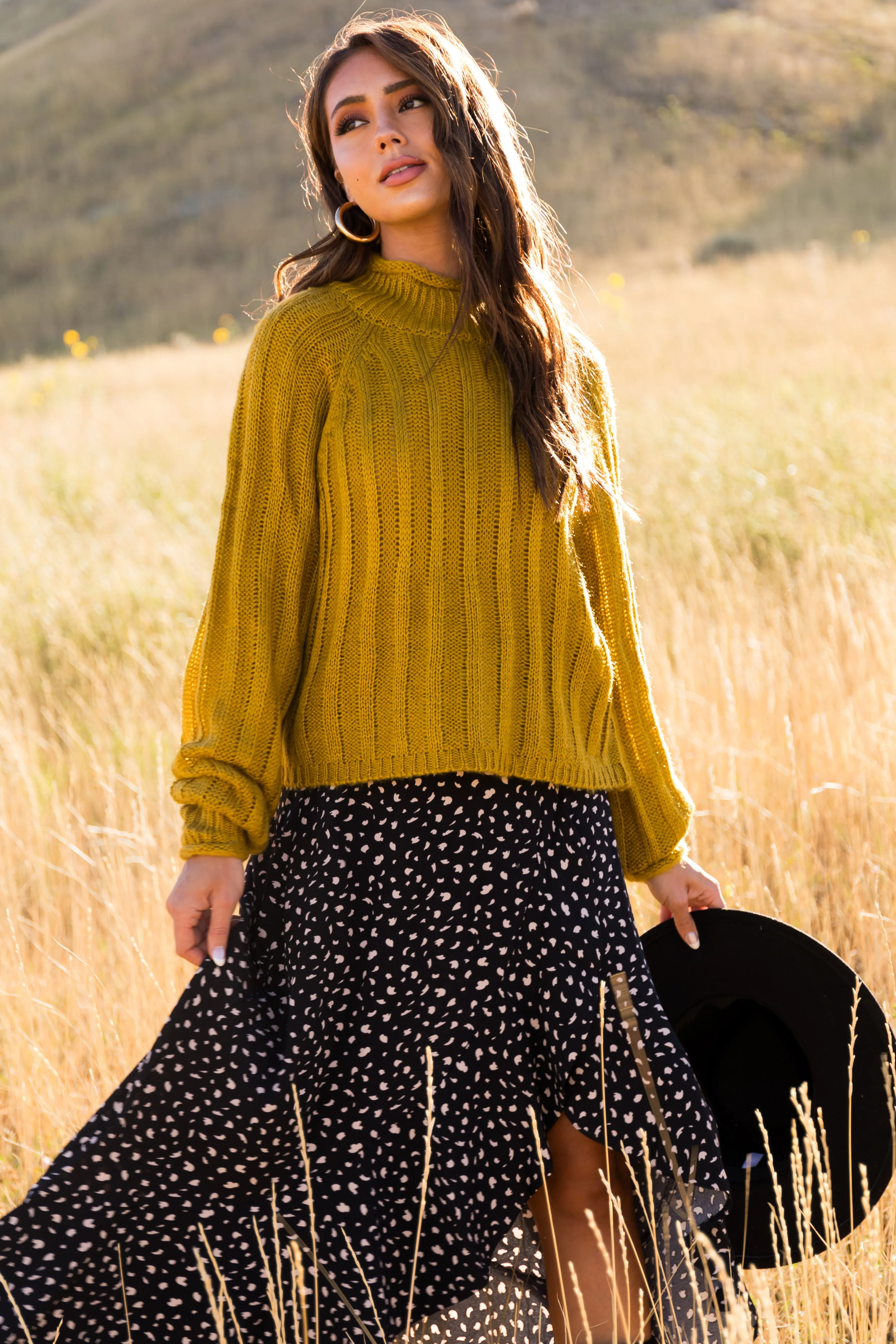 Mustard Ribbed High Neck Raglan Sweater