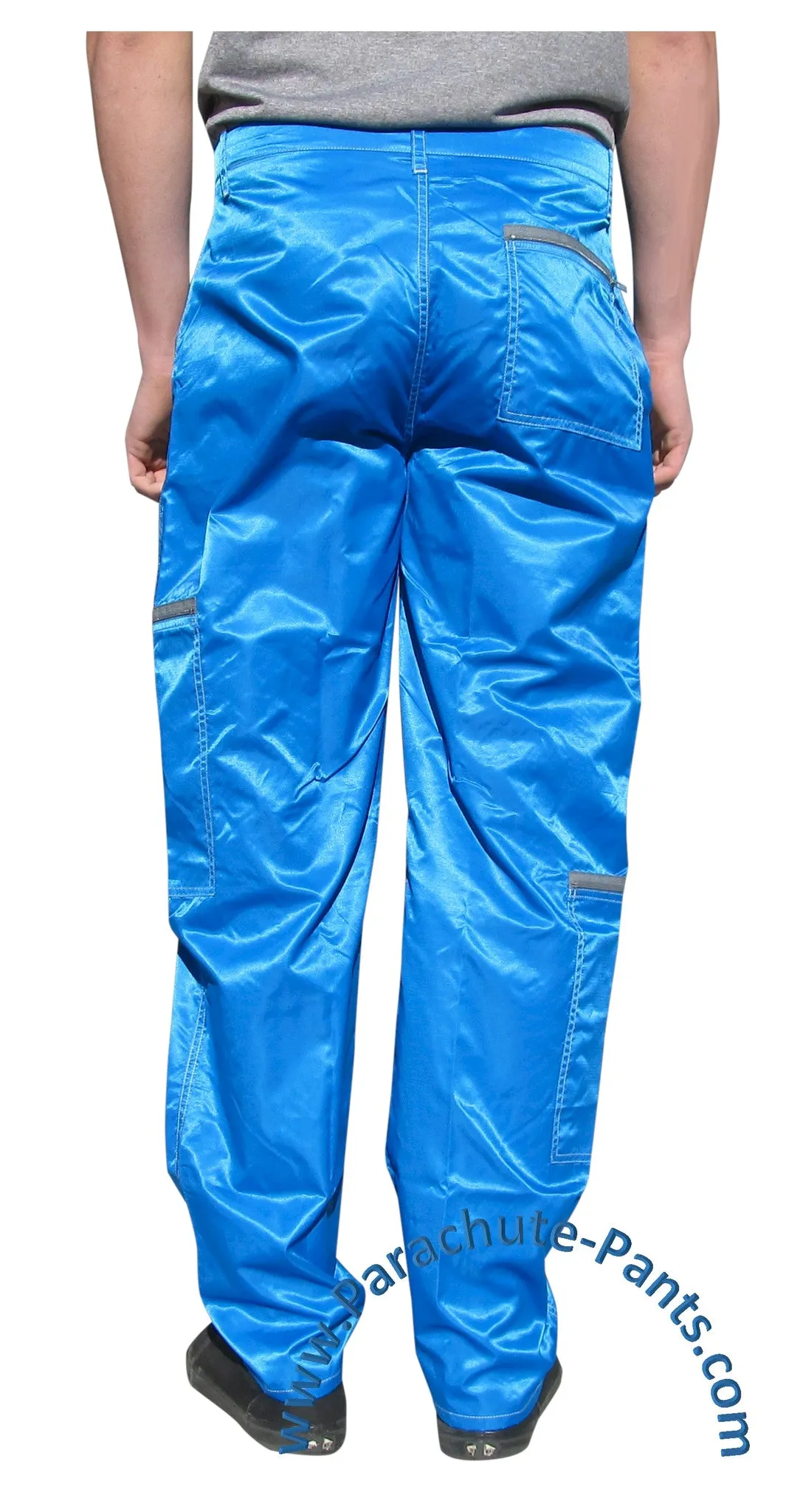 Panno D'Or Blue Nylon Parachute Pants with Grey Zippers