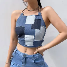 Patchwork Cute Denim Tank Top Backless Sexy Cut Out Cross Lace Up Cropped Jeans Sleeveless