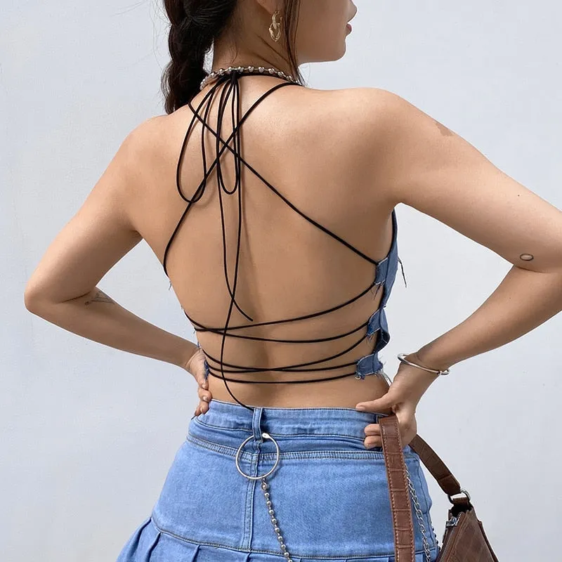 Patchwork Cute Denim Tank Top Backless Sexy Cut Out Cross Lace Up Cropped Jeans Sleeveless