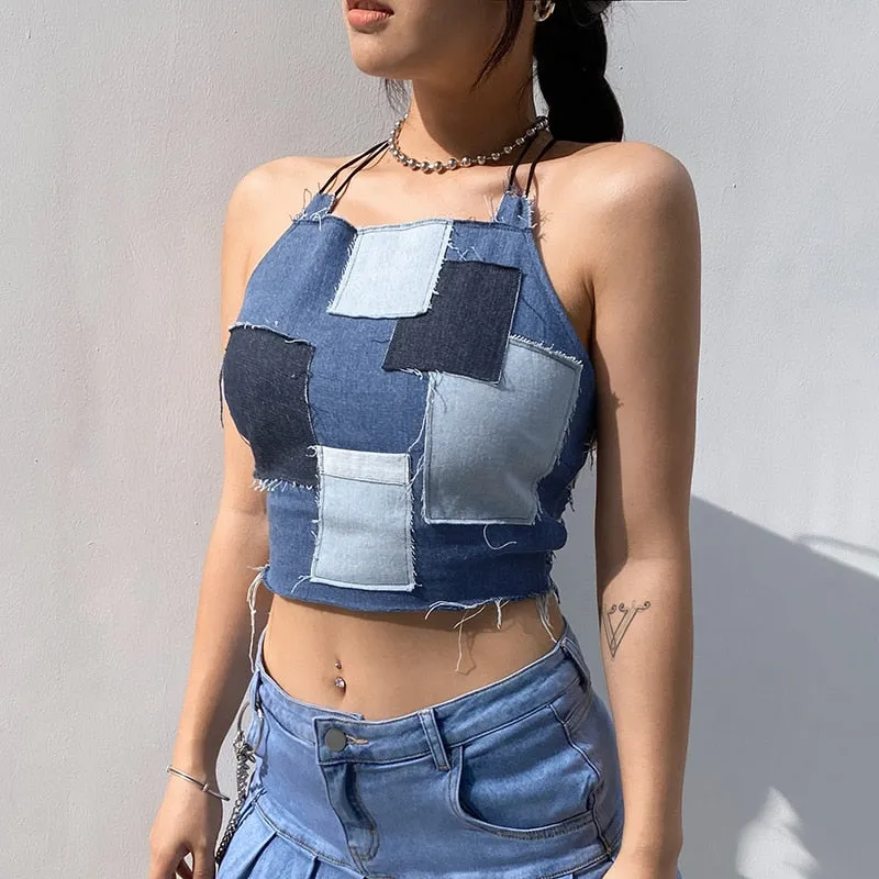 Patchwork Cute Denim Tank Top Backless Sexy Cut Out Cross Lace Up Cropped Jeans Sleeveless