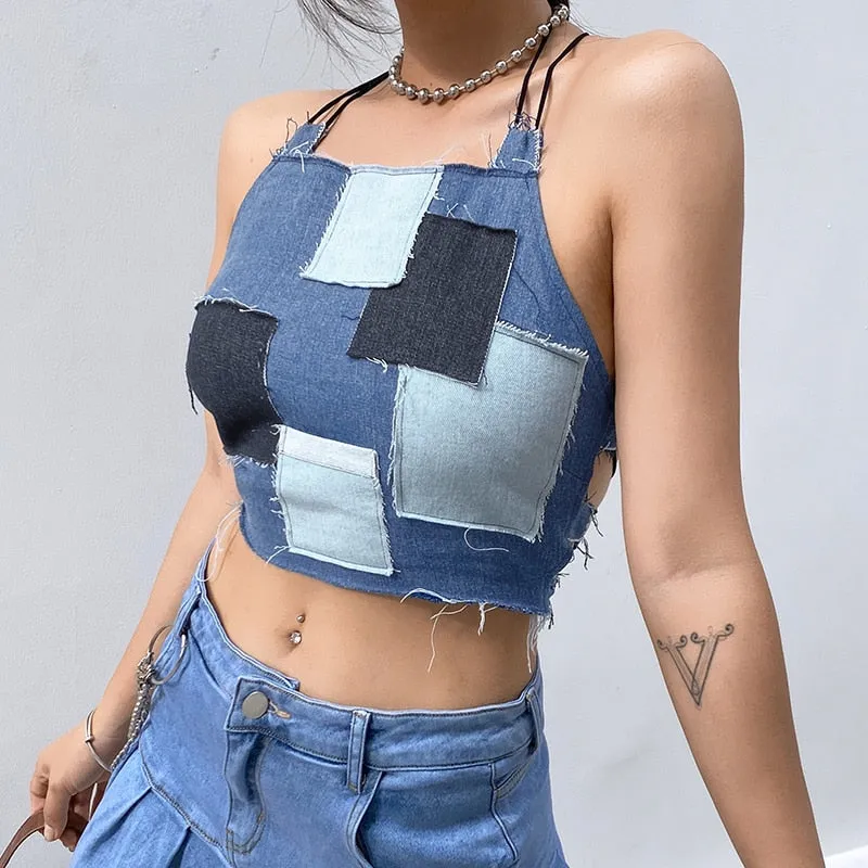 Patchwork Cute Denim Tank Top Backless Sexy Cut Out Cross Lace Up Cropped Jeans Sleeveless