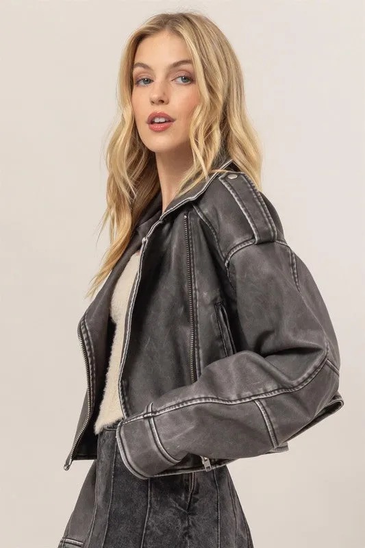 Peyton Vegan Leather Cropped Moto Jacket Black