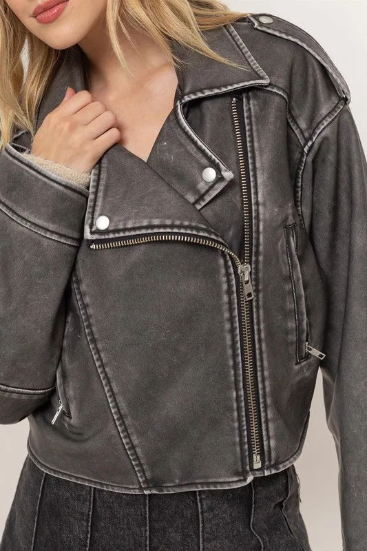 Peyton Vegan Leather Cropped Moto Jacket Black