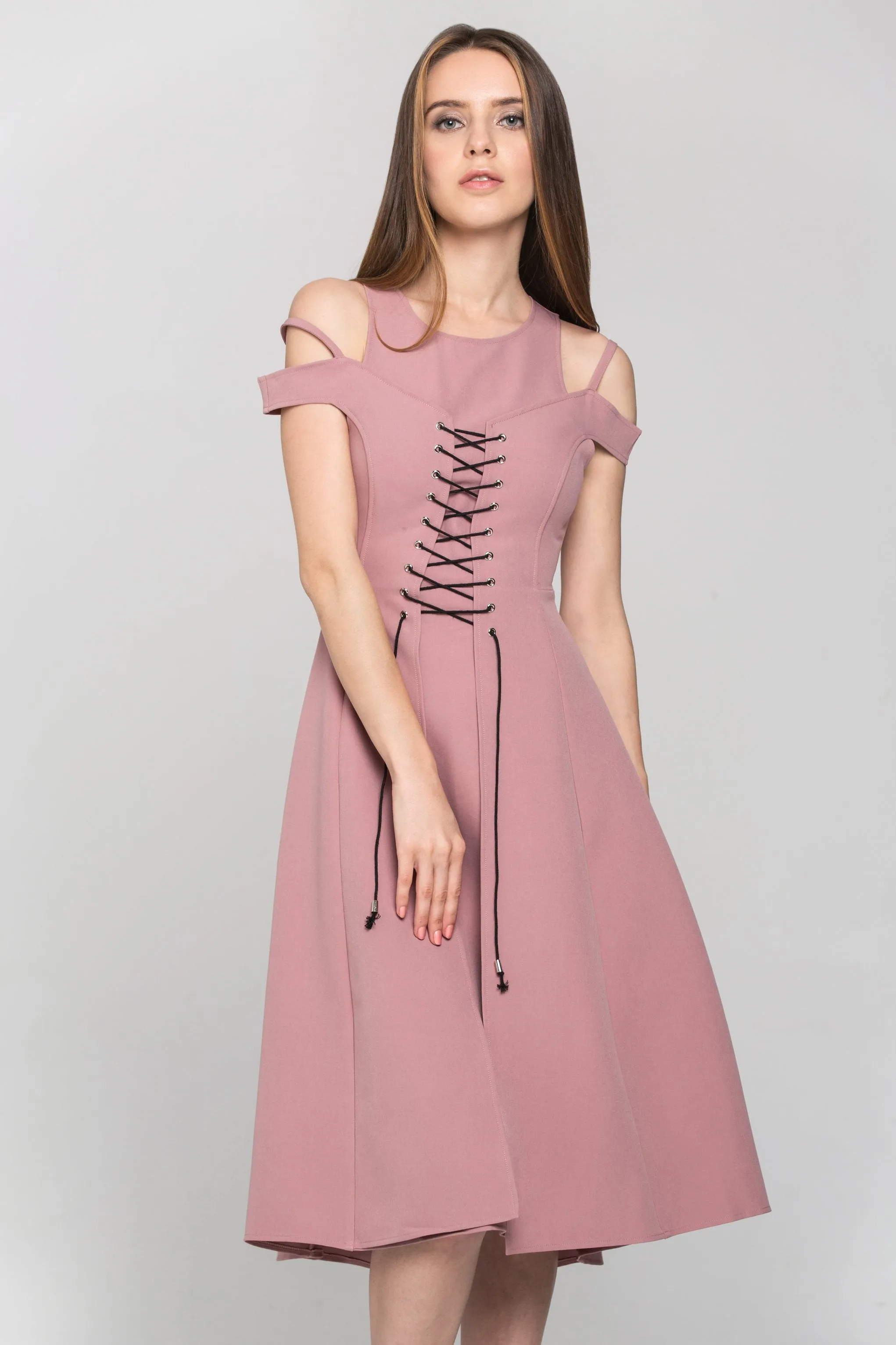 Pink Layered Cold Shoulder Corset Midi Dress