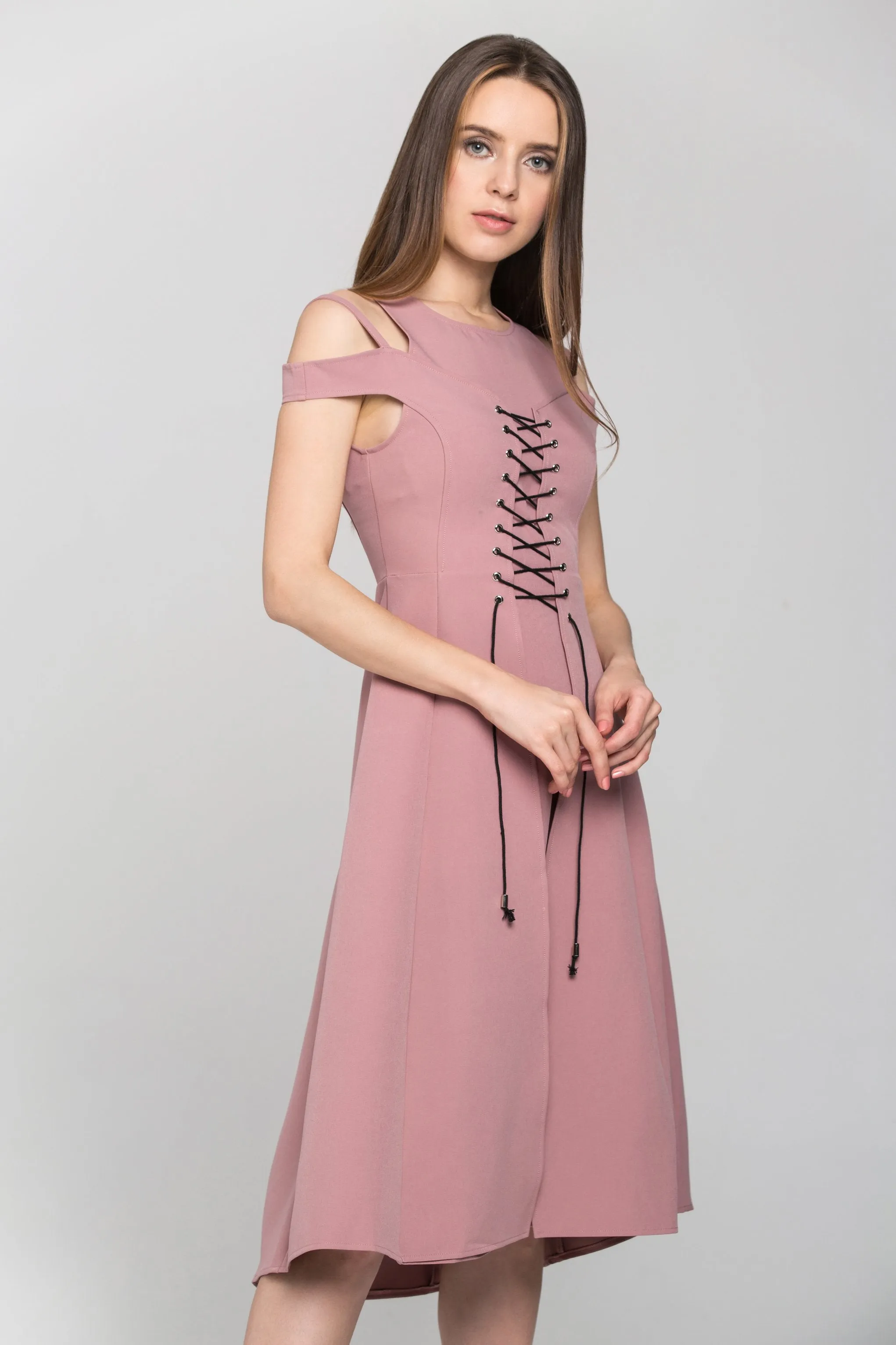 Pink Layered Cold Shoulder Corset Midi Dress