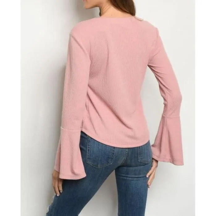 Pink Ribbed Bell Sleeve Top