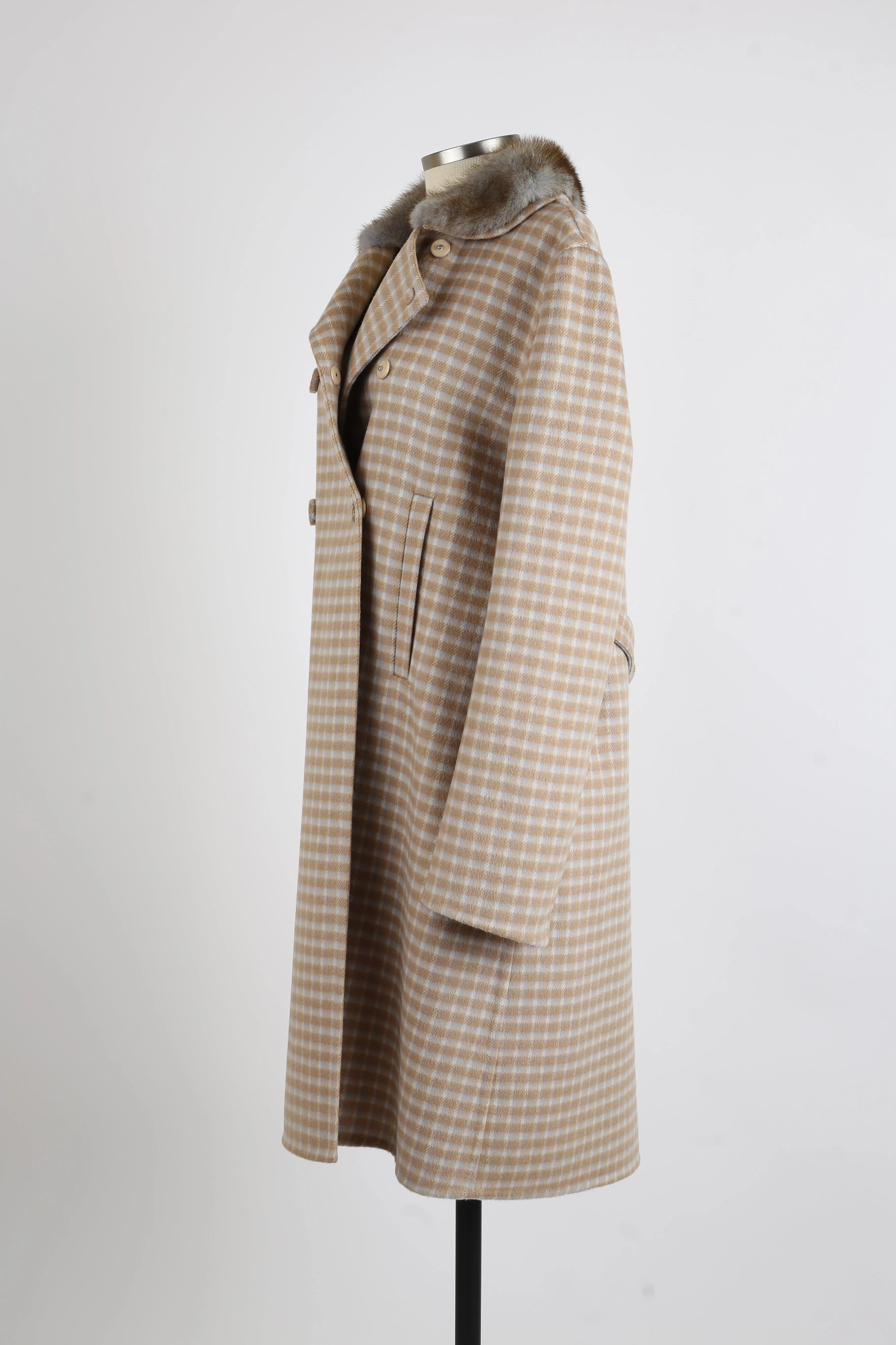 Plaid Wool Dress Coat W/ Mink Fur Collar