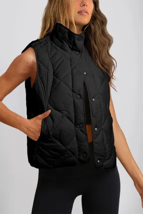 Quilted High Neck Button Up Pocket Vest Coat