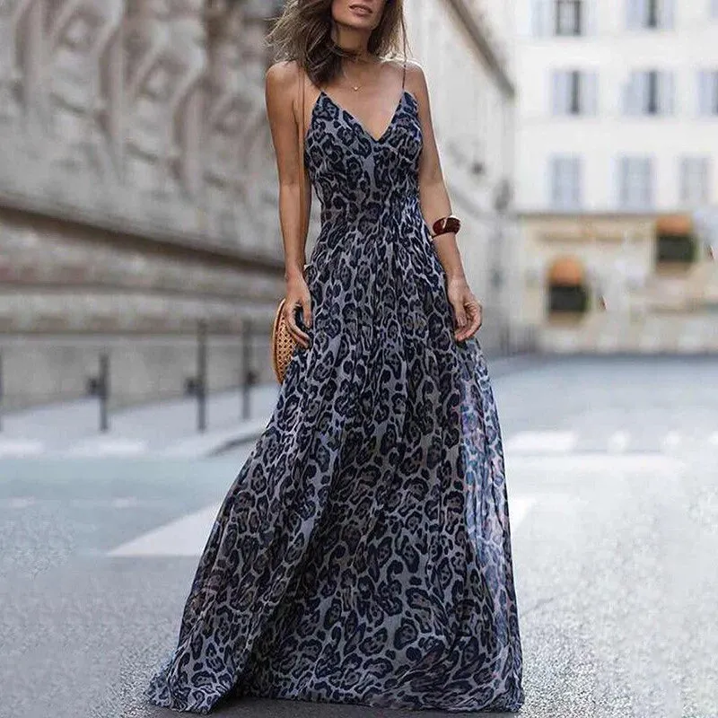 "Sexy Leopard Print V-Neck Maxi Dress | Elegant Sling Dress for Women"