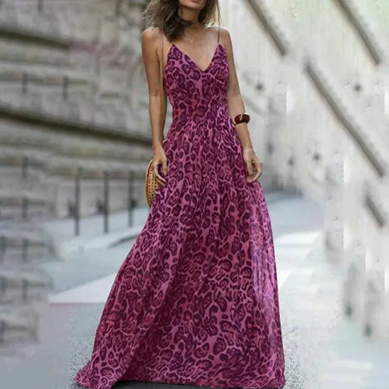 "Sexy Leopard Print V-Neck Maxi Dress | Elegant Sling Dress for Women"